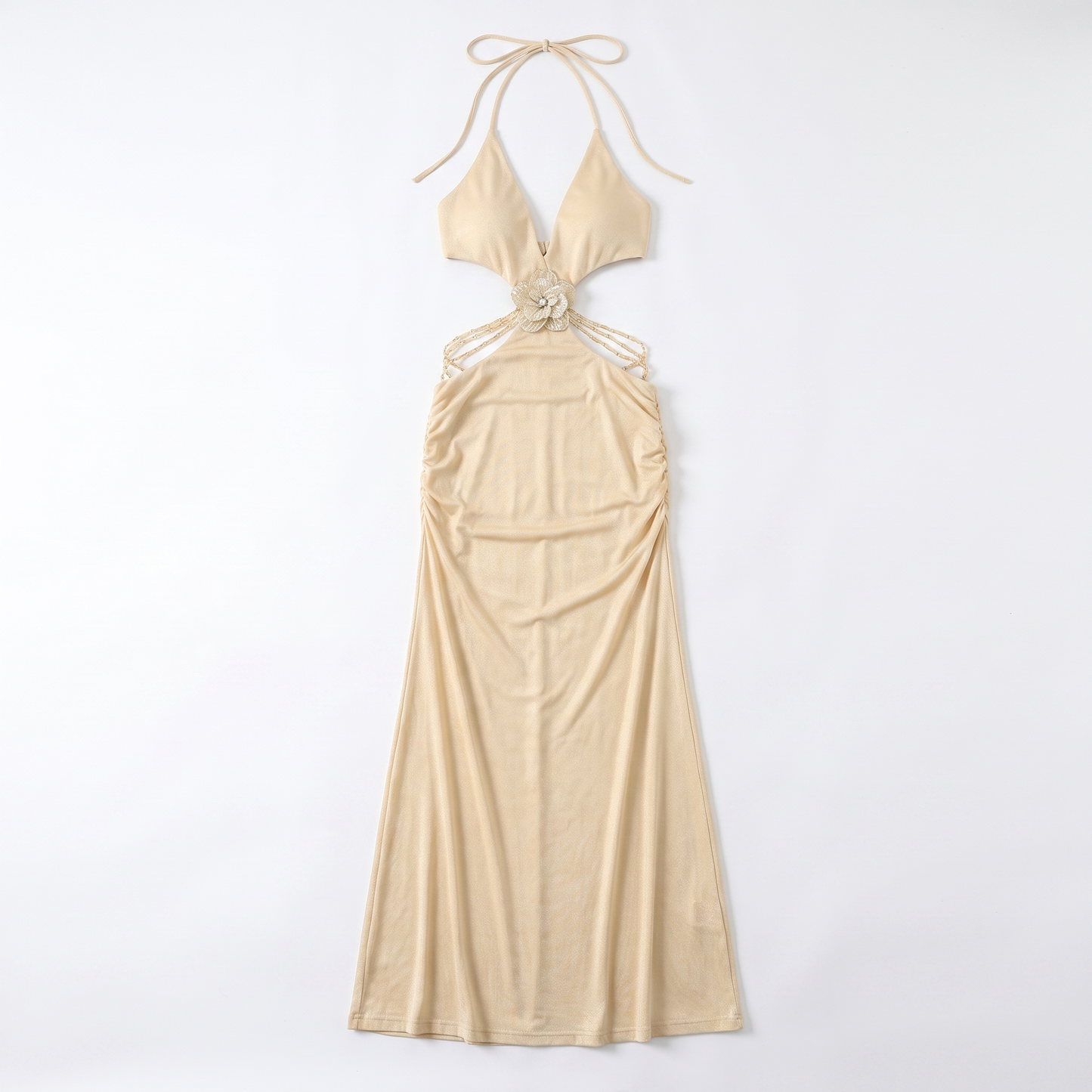Sunoire a11257 luxury gold cut out halter maxi dress backless metallic evening long party dress deep v straight silhouette natural garment flatlay 01