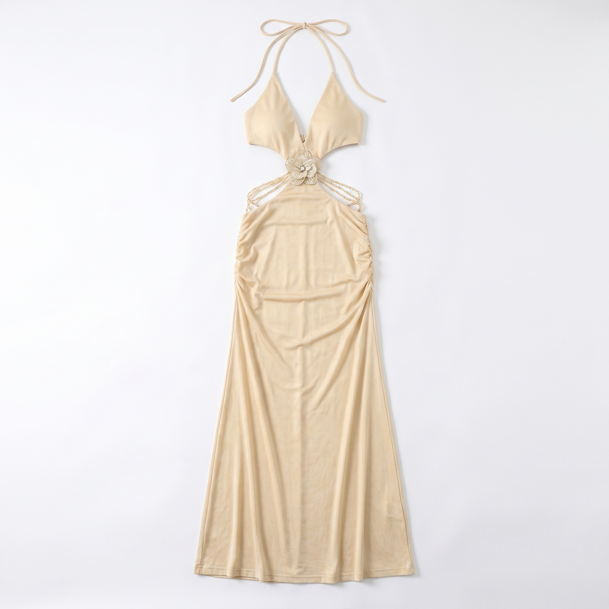 Sunoire a11257 luxury gold cut out halter maxi dress backless metallic evening long party dress deep v straight silhouette natural garment flatlay 01