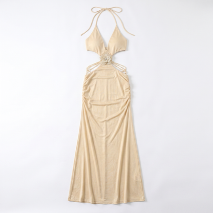 Sunoire a11257 luxury gold cut out halter maxi dress backless metallic evening long party dress deep v straight silhouette natural garment flatlay 01