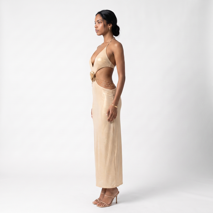 Sunoire a11257 luxury gold cut out halter maxi dress backless metallic evening long party dress deep v straight silhouette natural side view 01