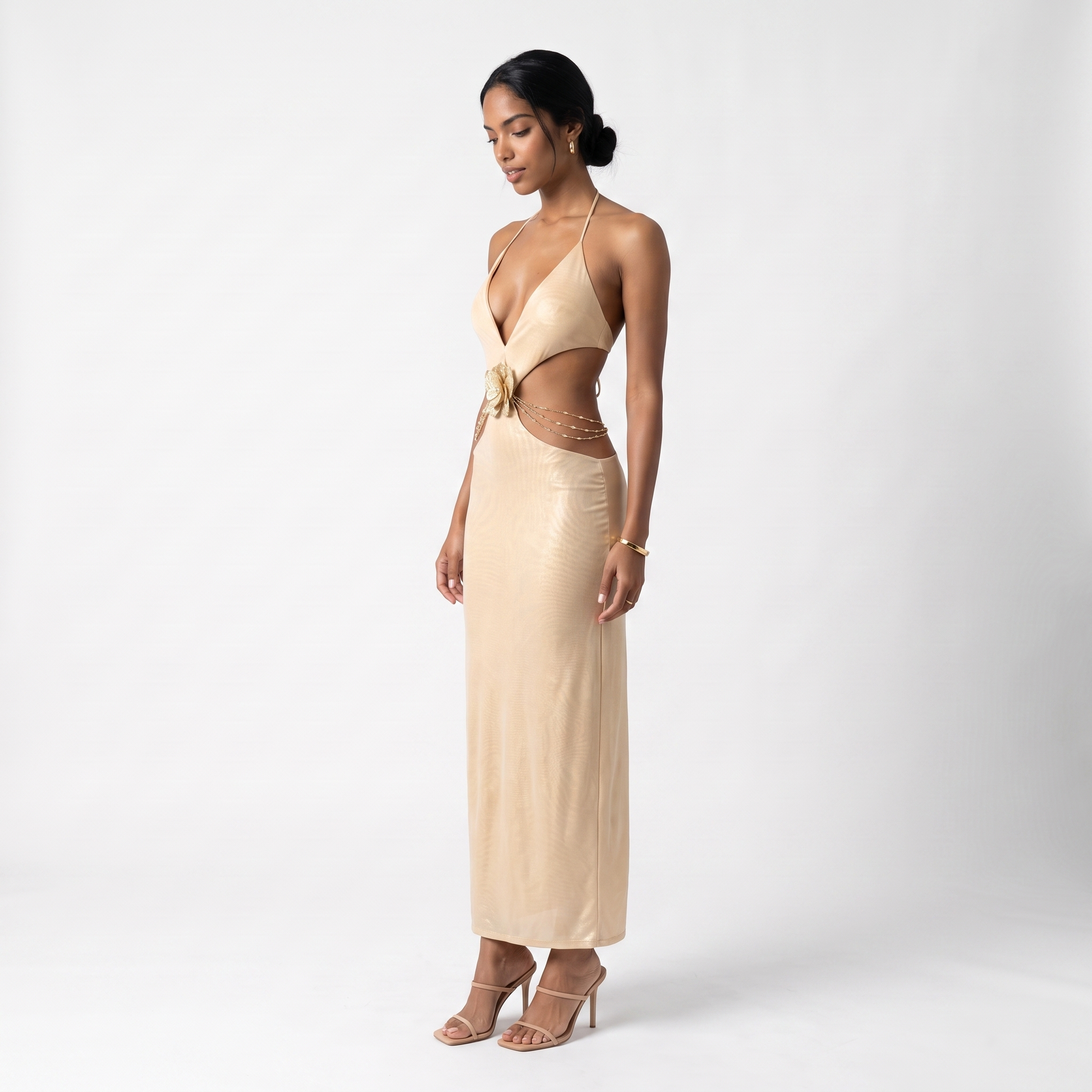 Sunoire a11257 luxury gold cut out halter maxi dress backless metallic evening long party dress deep v straight silhouette natural three quarter 01
