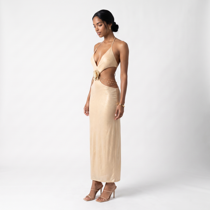 Sunoire a11257 luxury gold cut out halter maxi dress backless metallic evening long party dress deep v straight silhouette natural three quarter 01