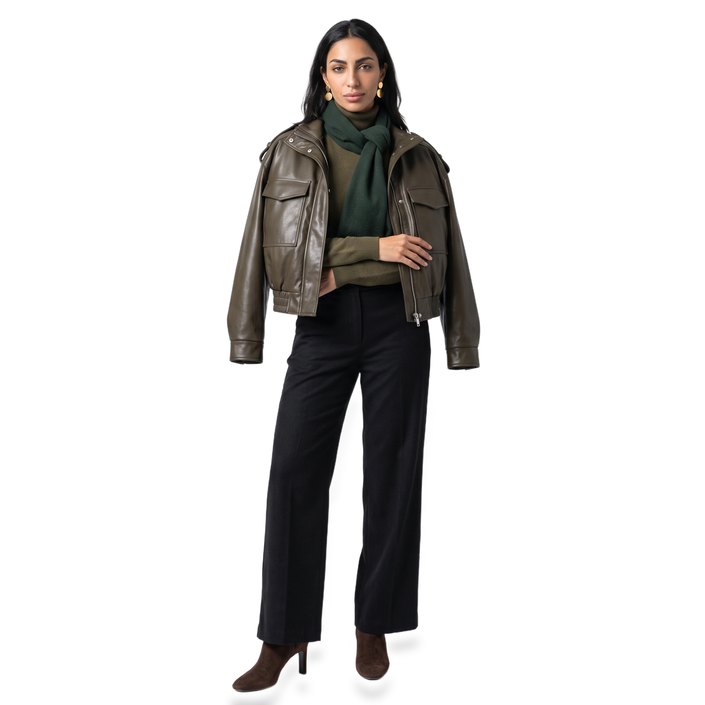 Sunoire abigail structured womens cropped bomber jacket with faux leather and ribbed cuffs front hero 01