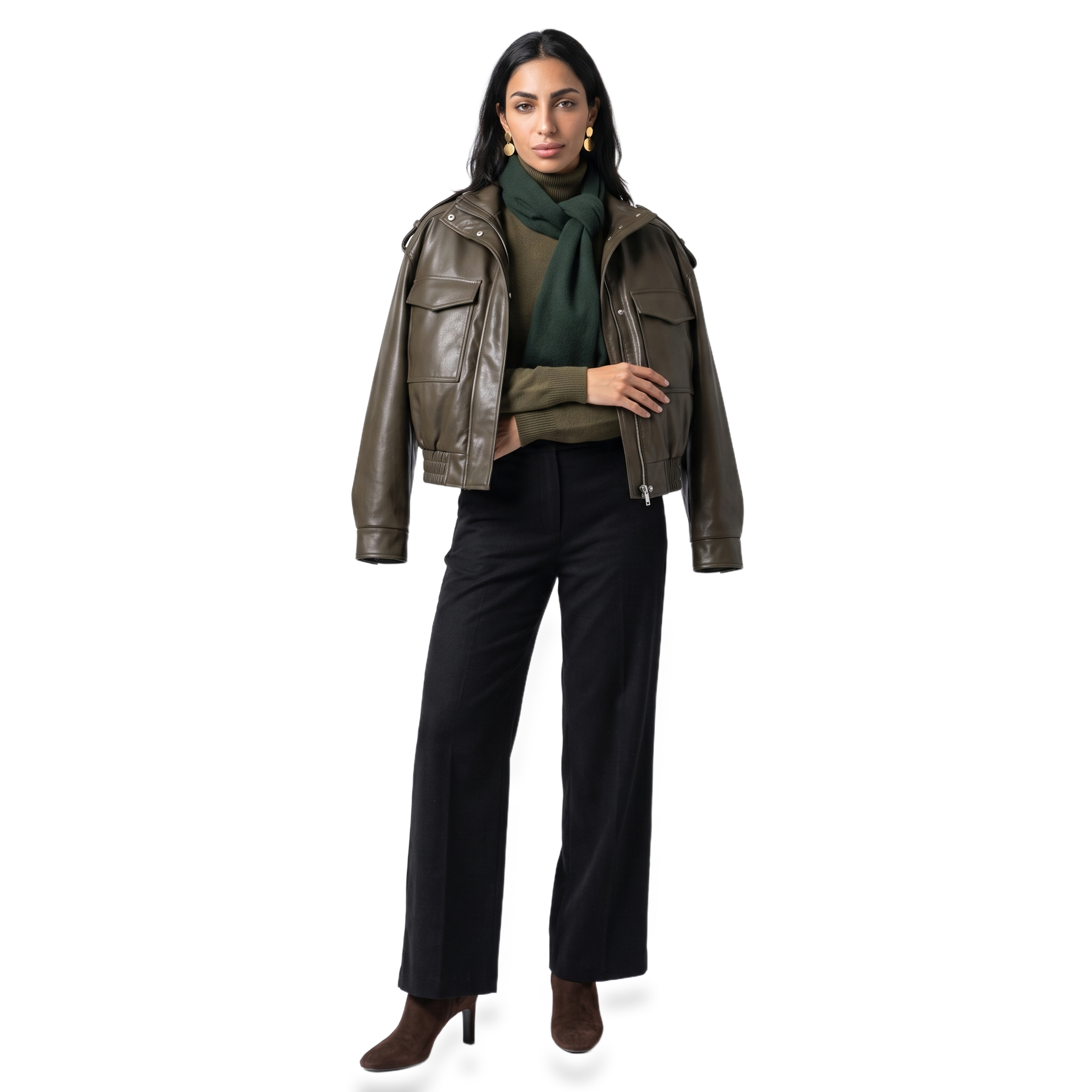 Sunoire abigail structured womens cropped bomber jacket with faux leather and ribbed cuffs front hero 01