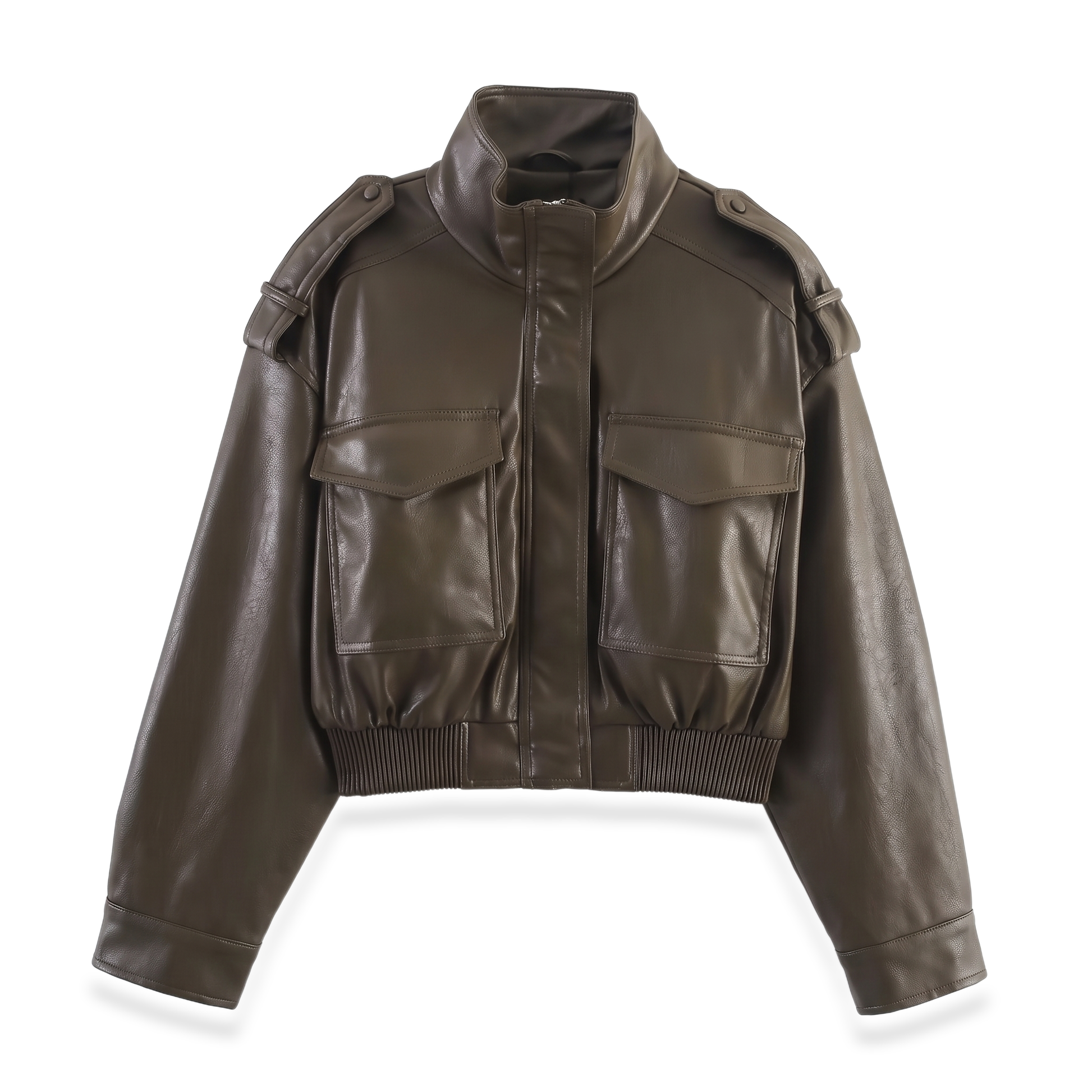Sunoire abigail structured womens cropped bomber jacket with faux leather and ribbed cuffs garment flatlay 01