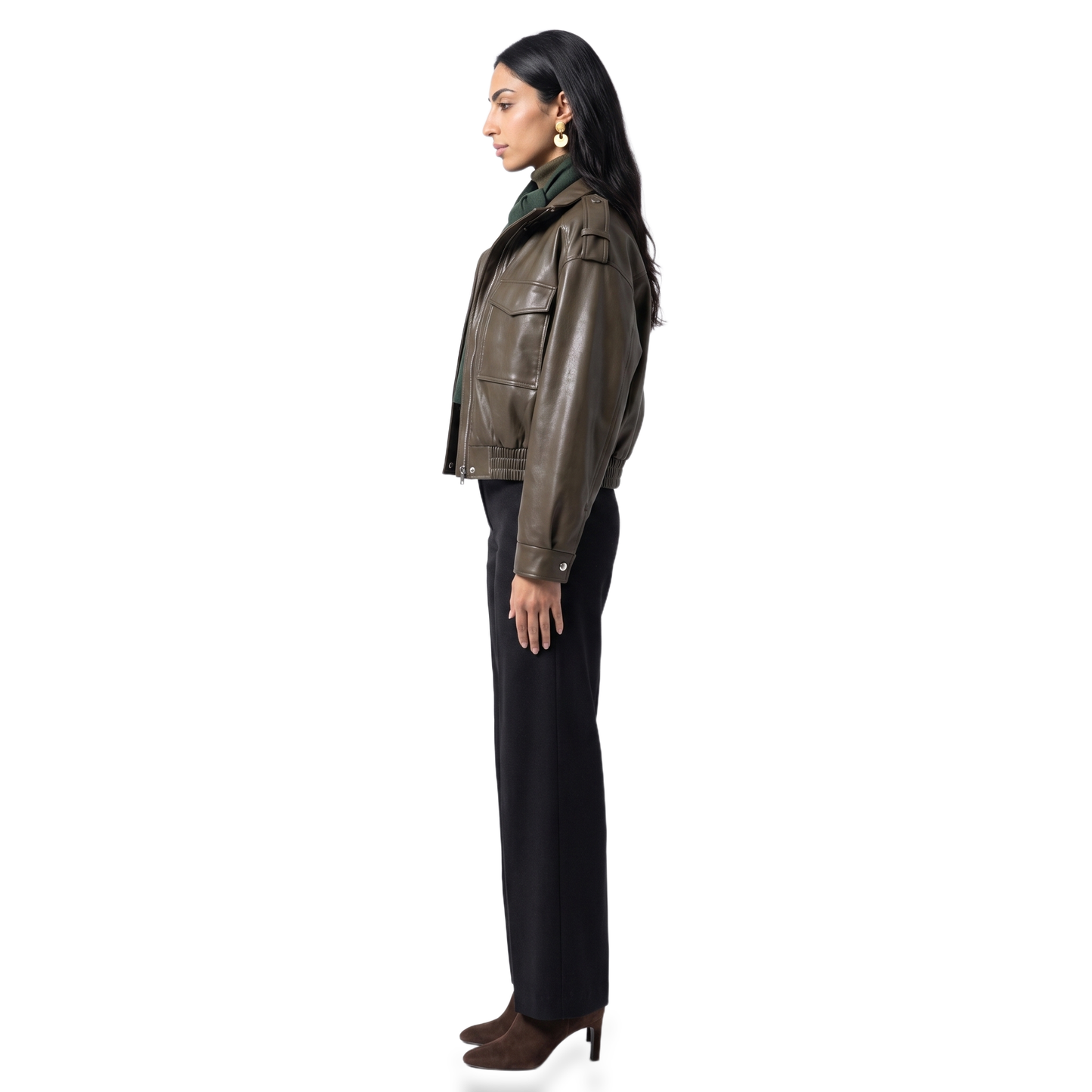 Sunoire abigail structured womens cropped bomber jacket with faux leather and ribbed cuffs side view 01