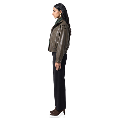 Sunoire abigail structured womens cropped bomber jacket with faux leather and ribbed cuffs side view 01