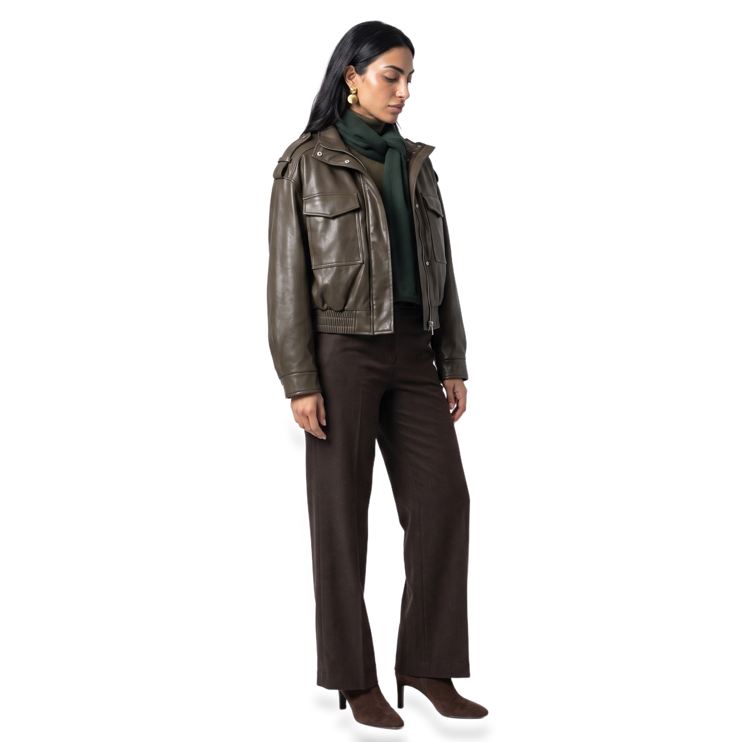 Sunoire abigail structured womens cropped bomber jacket with faux leather and ribbed cuffs three quarter 01