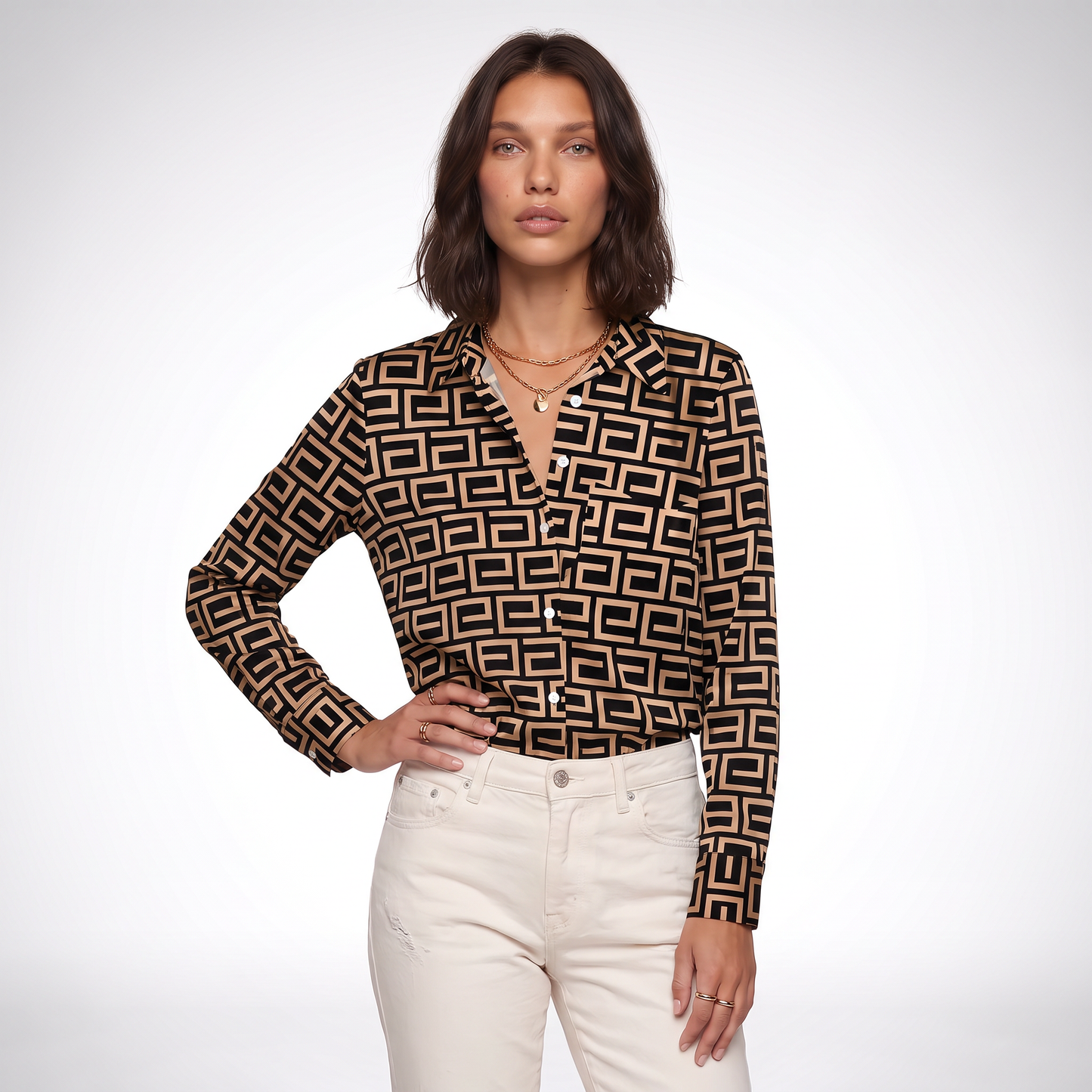 Sunoire ada womens elegant artistic print blouse colorway khaki front crop 01