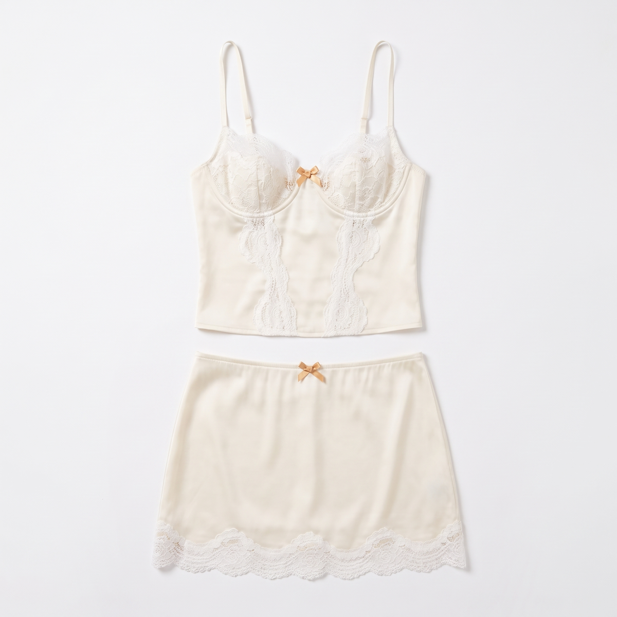 Lace Top & Mini Skirt Set, Cream Satin Corset Party Two Piece, Flat lay