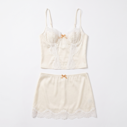 Lace Top & Mini Skirt Set, Cream Satin Corset Party Two Piece, Flat lay