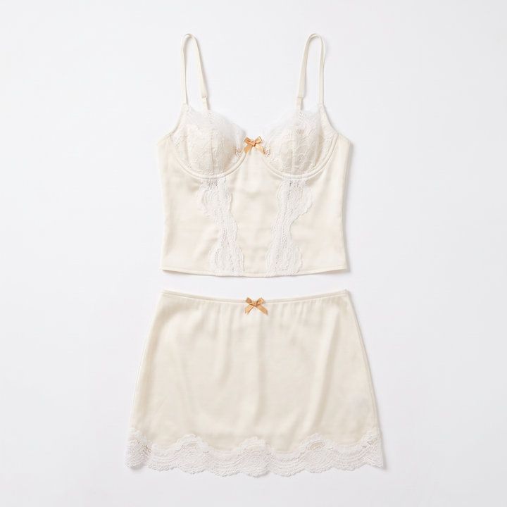 Lace Top & Mini Skirt Set, Cream Satin Corset Party Two Piece, Flat lay