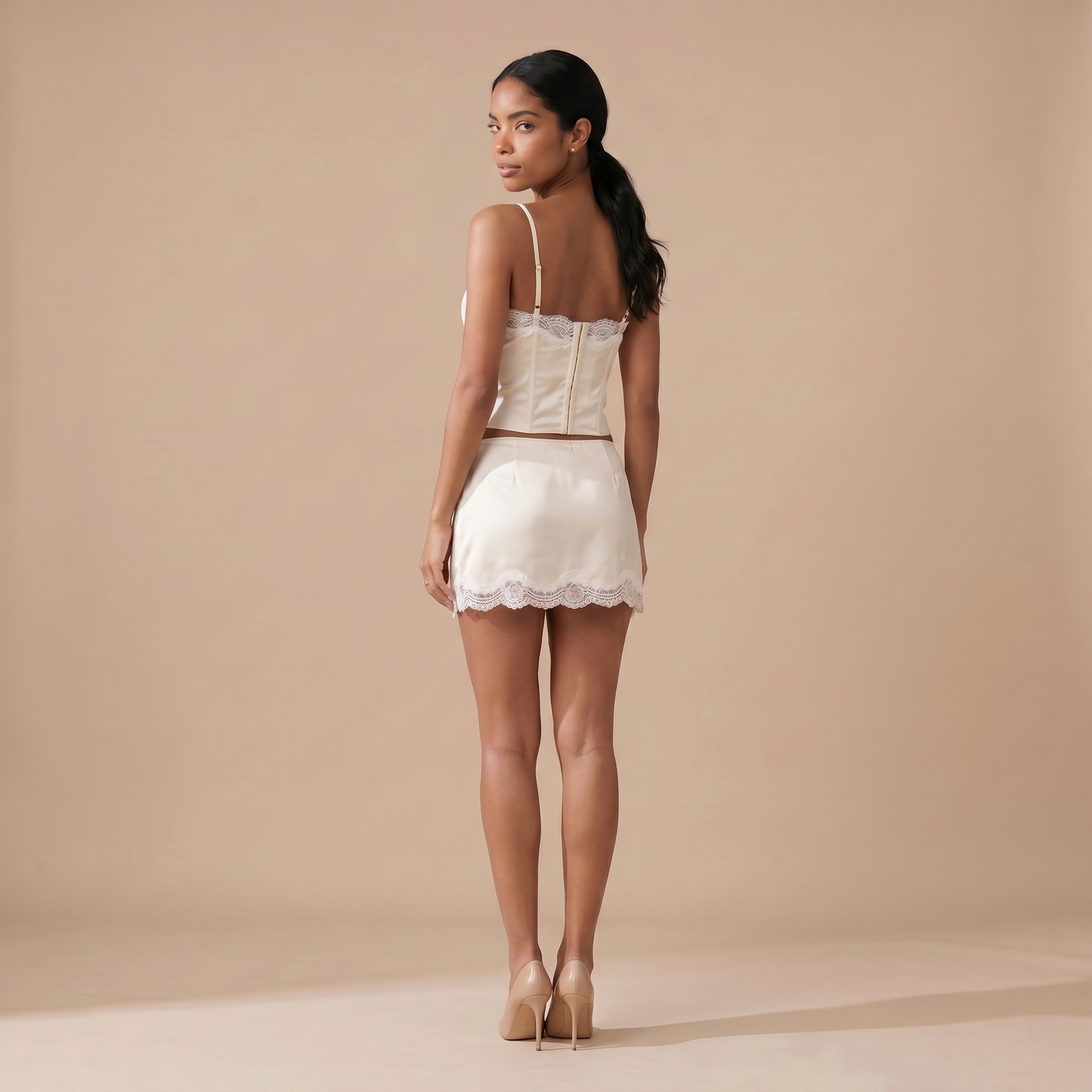 Sunoire adele lace satin strappy skirt set back view 01