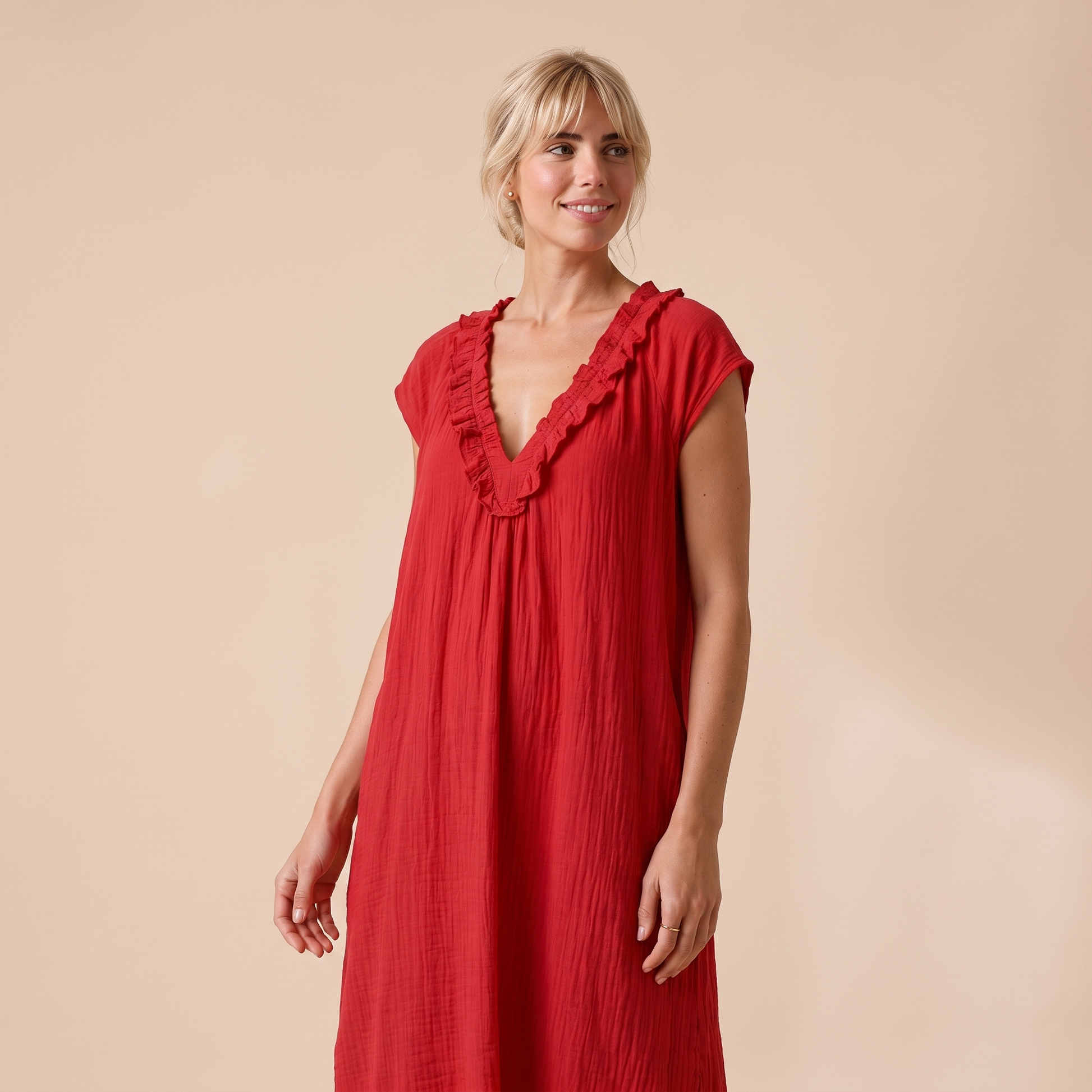 Sunoire adele ruffle v neck maxi dress colorway red front hero 01