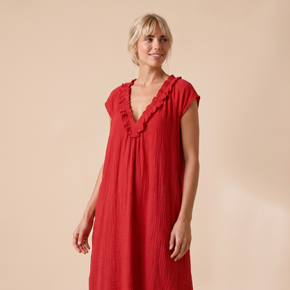 Sunoire adele ruffle v neck maxi dress colorway red front hero 01