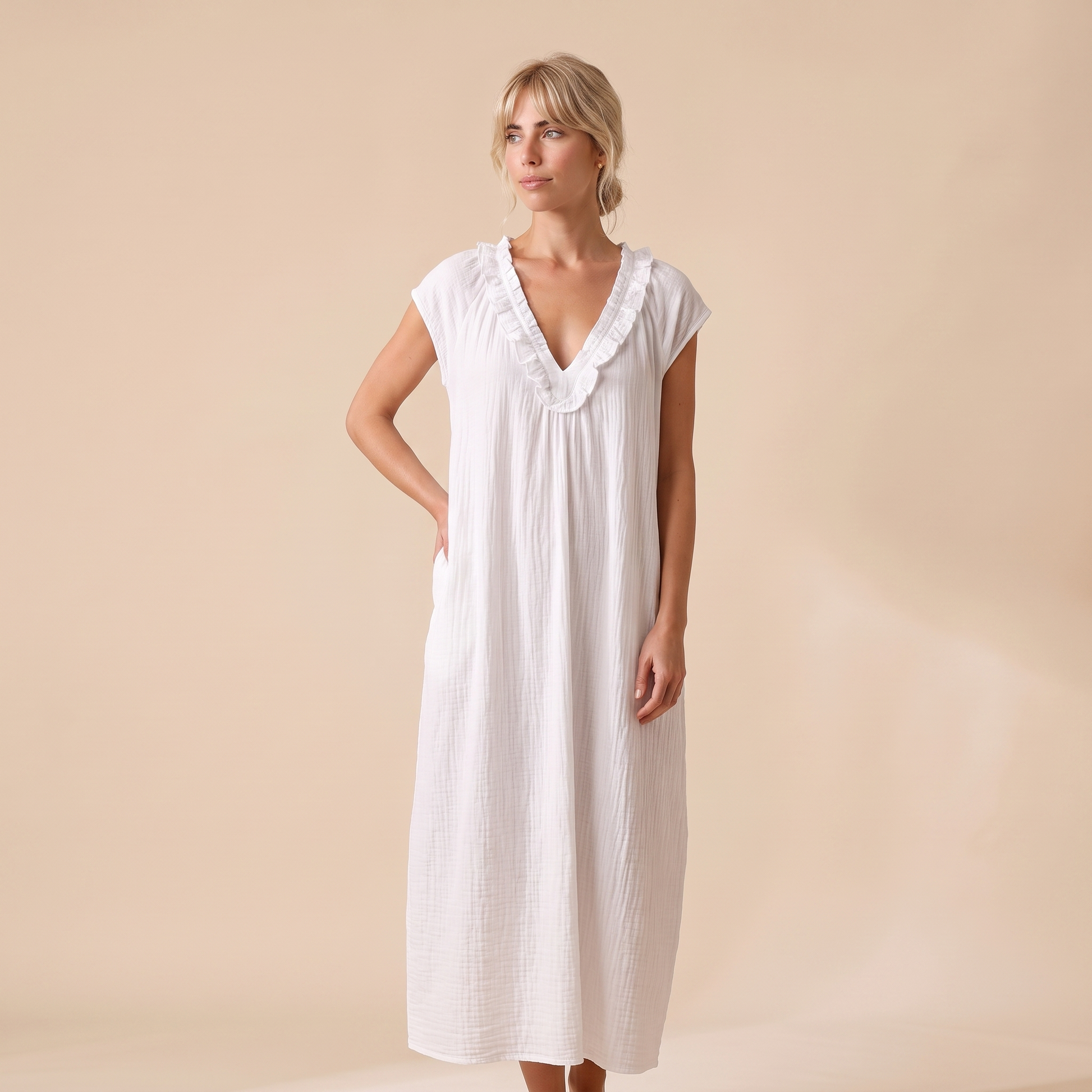 Sunoire adele ruffle v neck maxi dress colorway white front hero 01