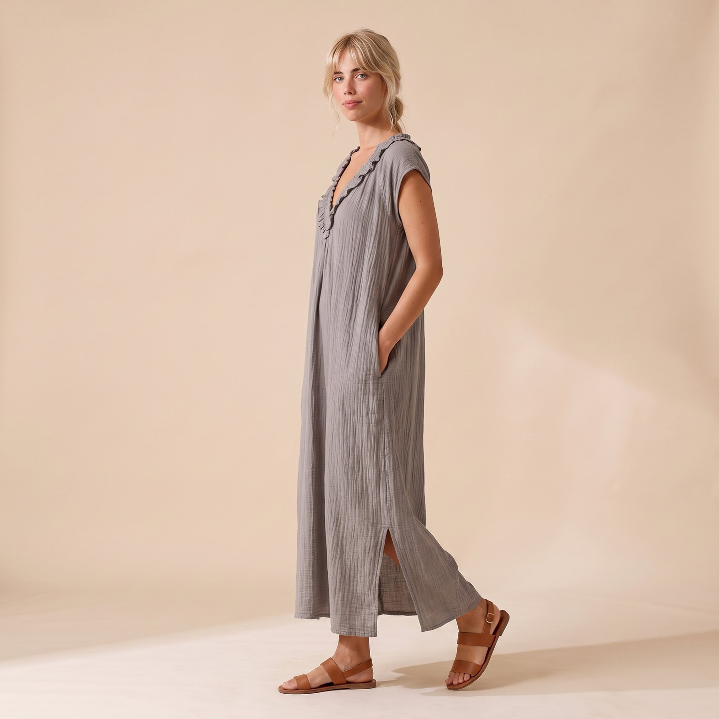 Sunoire adele ruffle v neck maxi dress side view 01