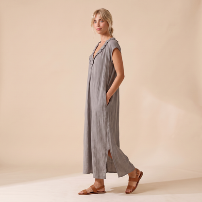 Sunoire adele ruffle v neck maxi dress side view 01