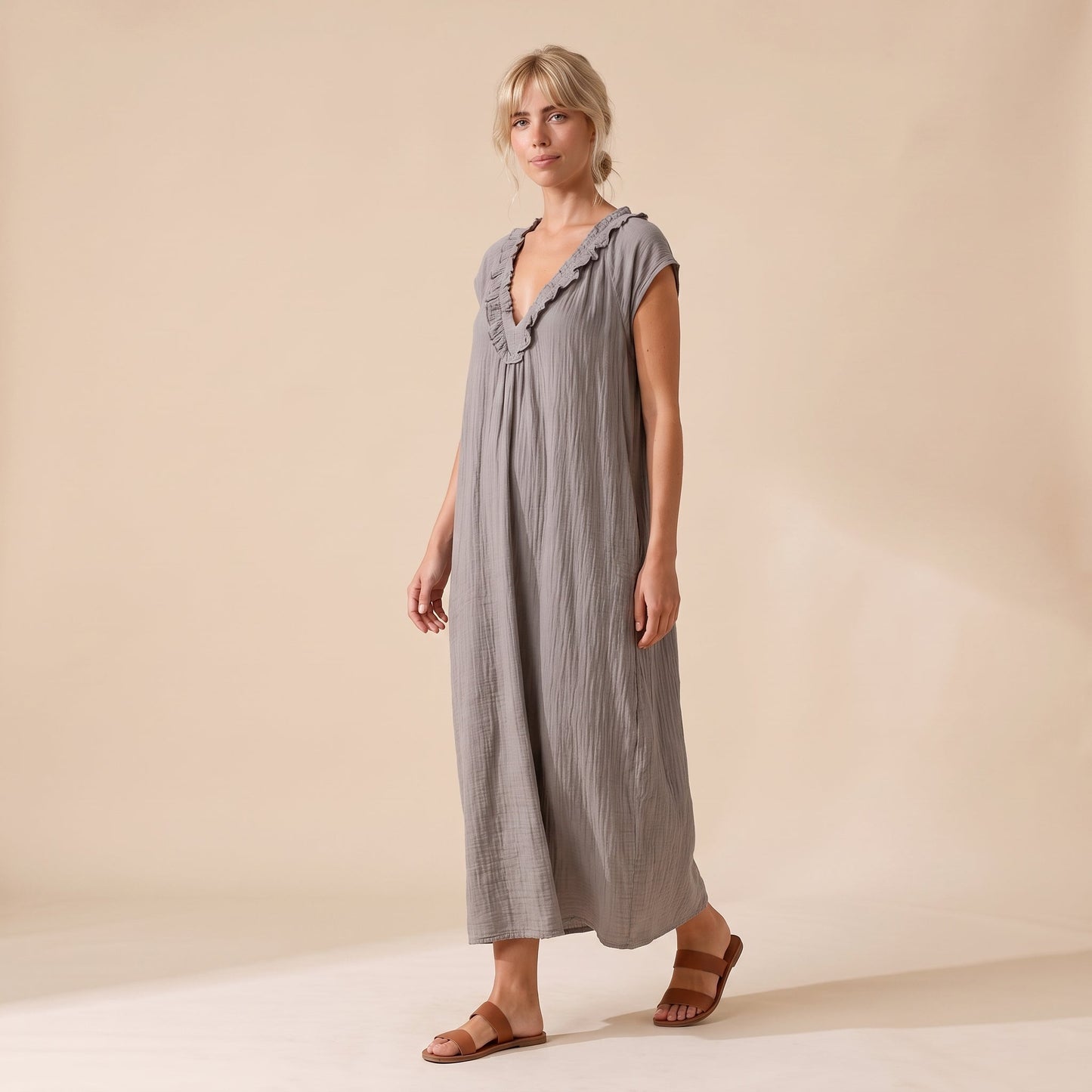 Sunoire adele ruffle v neck maxi dress three quarter 01