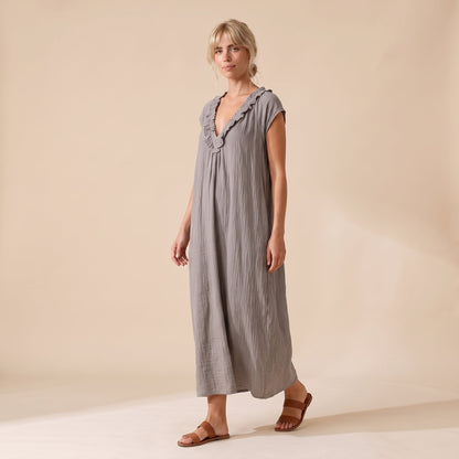 Sunoire adele ruffle v neck maxi dress three quarter 01