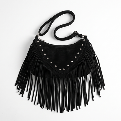 Sunoire adeline black tassel saddle bag 01 front