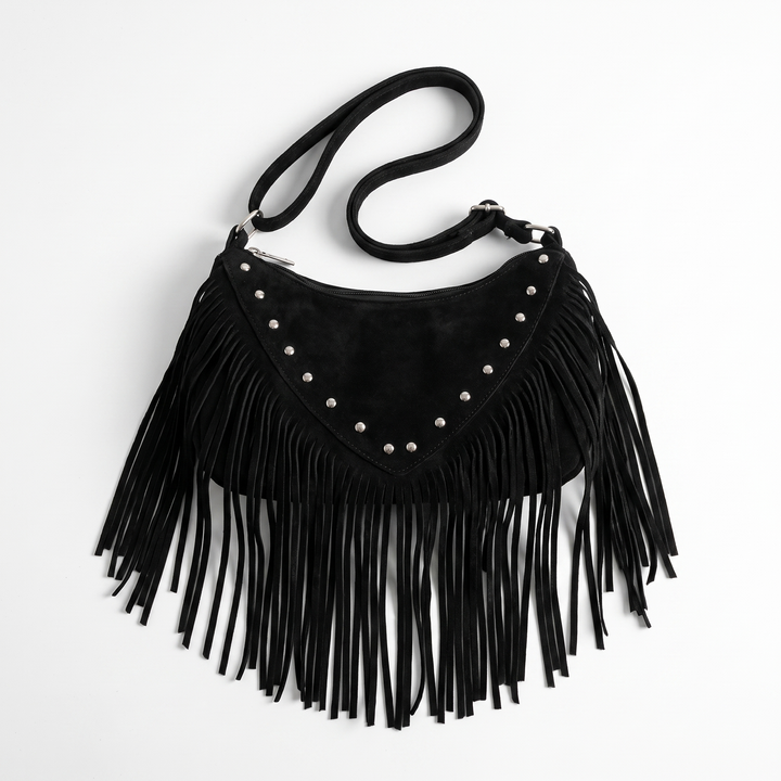 Sunoire adeline black tassel saddle bag 01 front