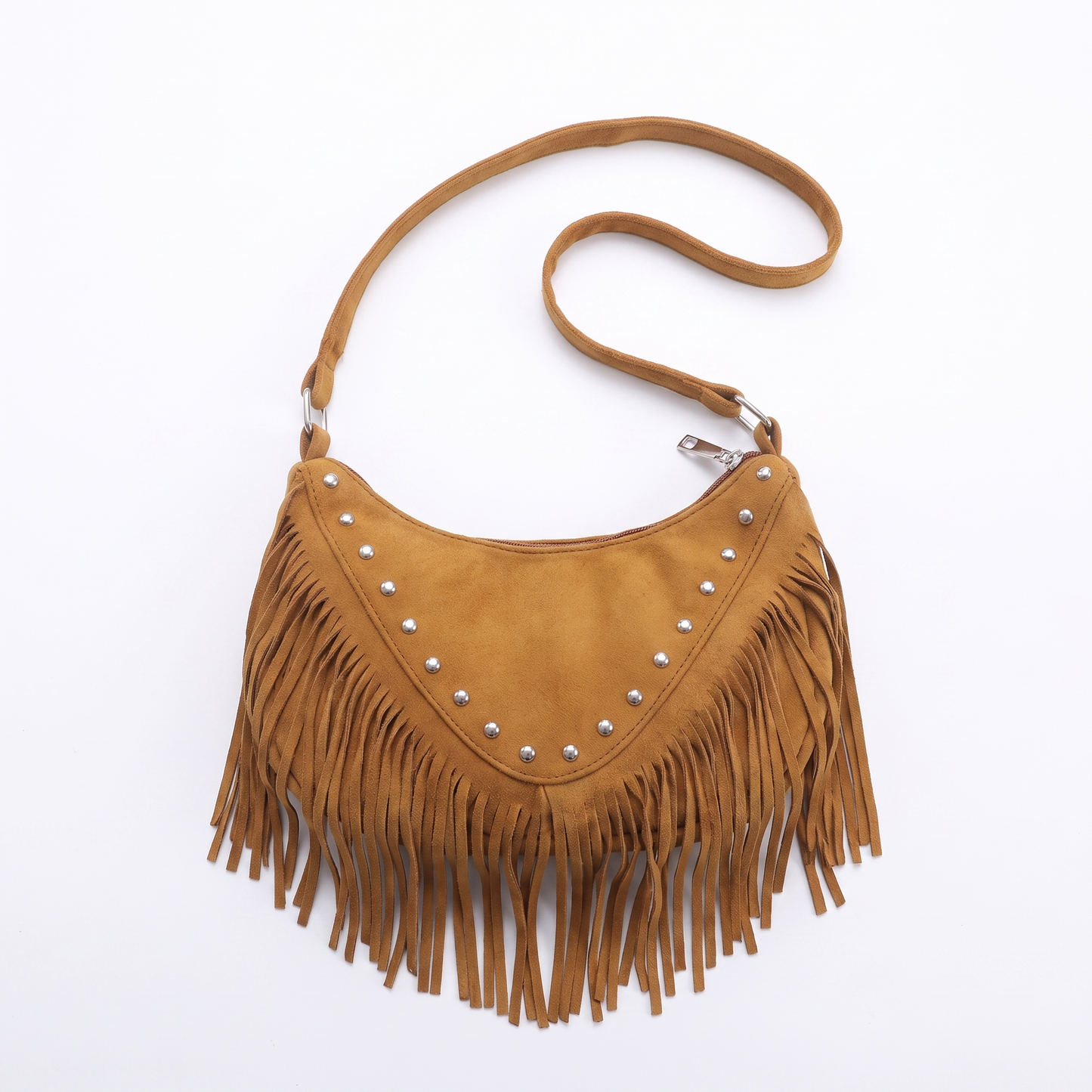 Sunoire adeline black tassel saddle bag colorway golden brown garment flatlay 01