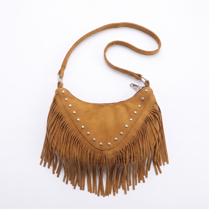 Sunoire adeline black tassel saddle bag colorway golden brown garment flatlay 01