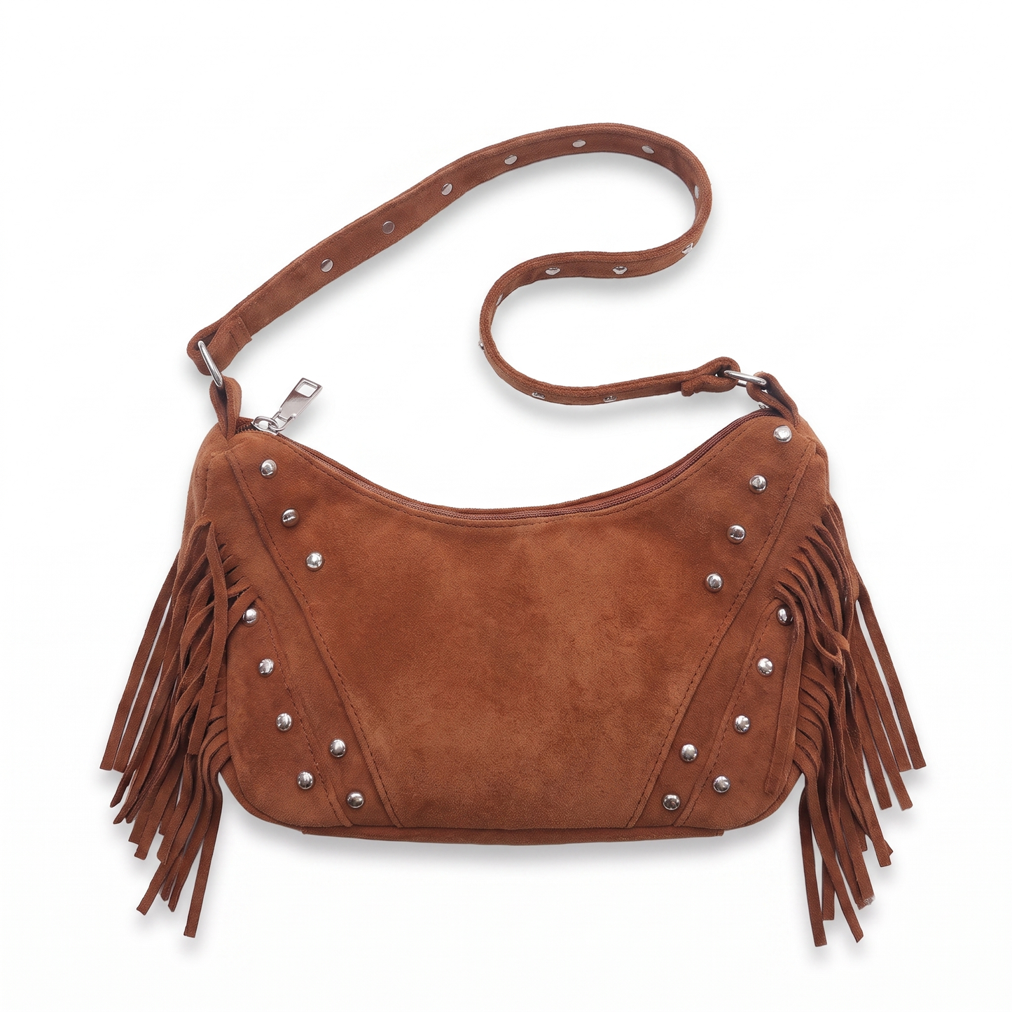 Sunoire adeline black tassel saddle bag colorway reddish brown garment flatlay 01
