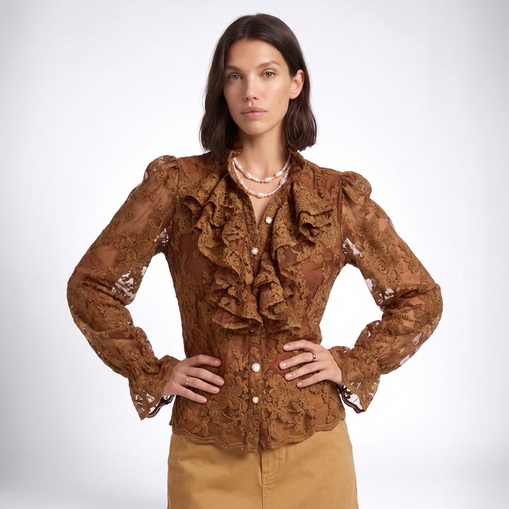 Sunoire aimeisi relaxed embroidered lace ruffled long sleeved women tops simple elegant shirts for women colorway brown front crop 01
