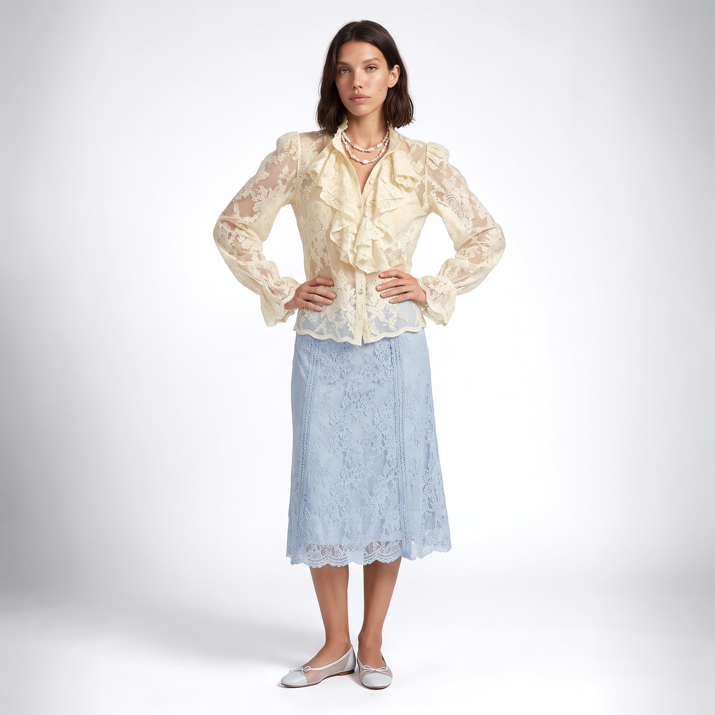 Sunoire aimeisi relaxed embroidered lace ruffled long sleeved women tops simple elegant shirts for women front hero 01