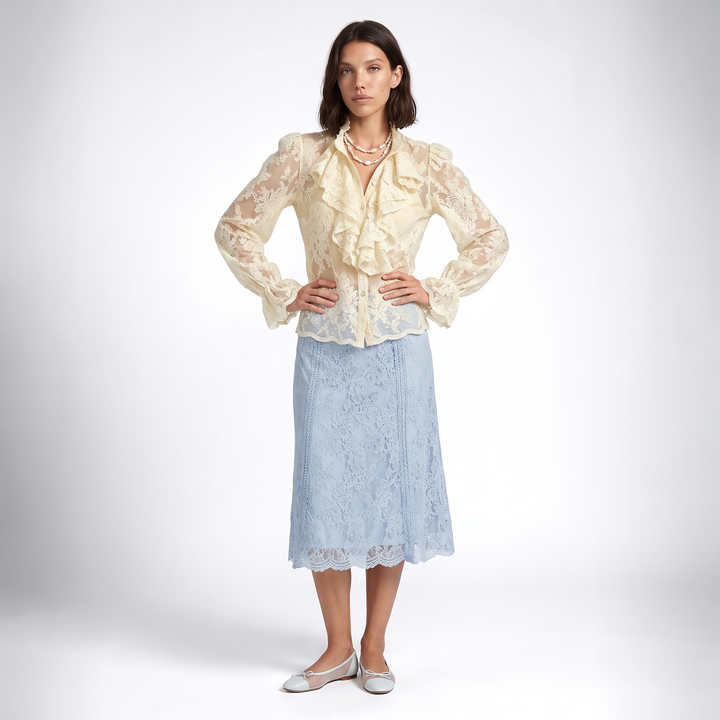 Sunoire aimeisi relaxed embroidered lace ruffled long sleeved women tops simple elegant shirts for women front hero 01