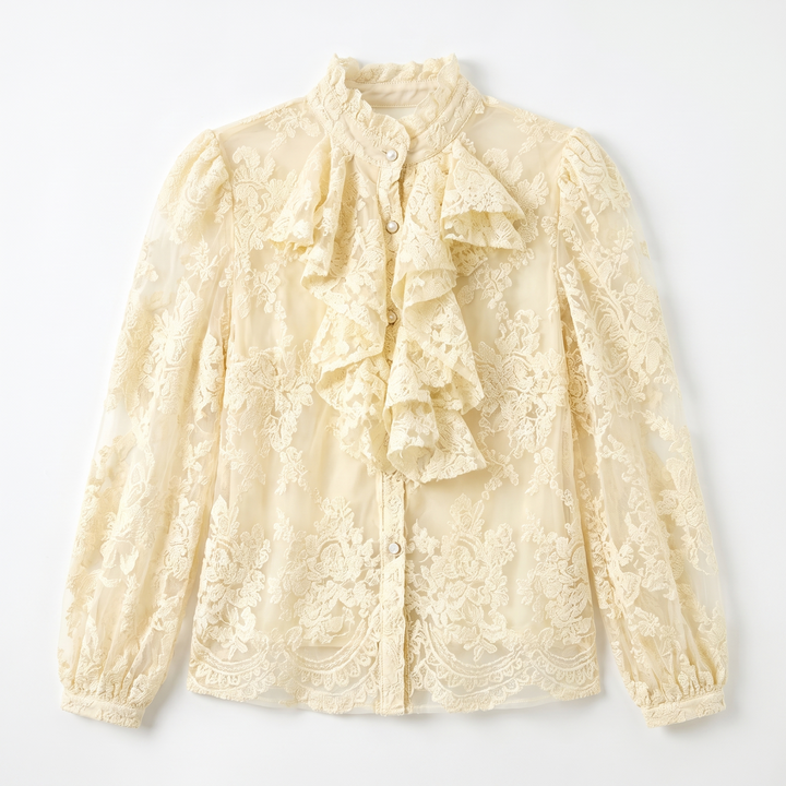 Sunoire aimeisi relaxed embroidered lace ruffled long sleeved women tops simple elegant shirts for women garment flatlay 01