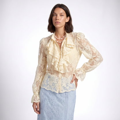 Sunoire aimeisi relaxed embroidered lace ruffled long sleeved women tops simple elegant shirts for women top front crop 01