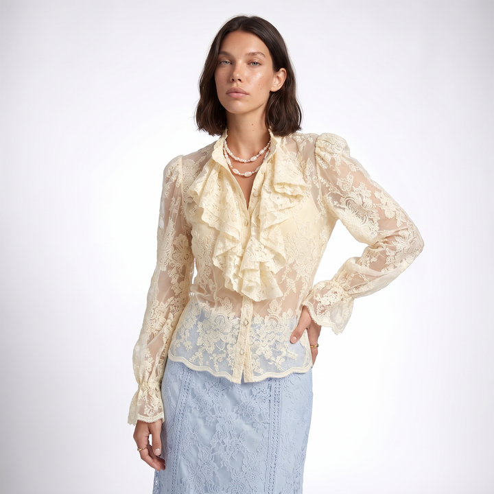 Sunoire aimeisi relaxed embroidered lace ruffled long sleeved women tops simple elegant shirts for women top front crop 01