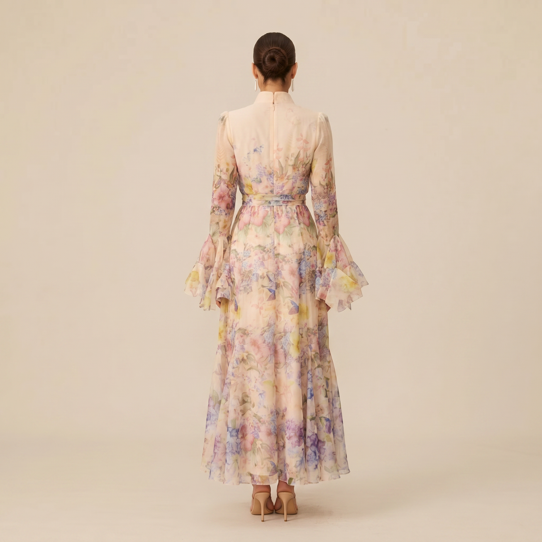 Sunoire alessia floral print ruffle cuff maxi dress back view 01