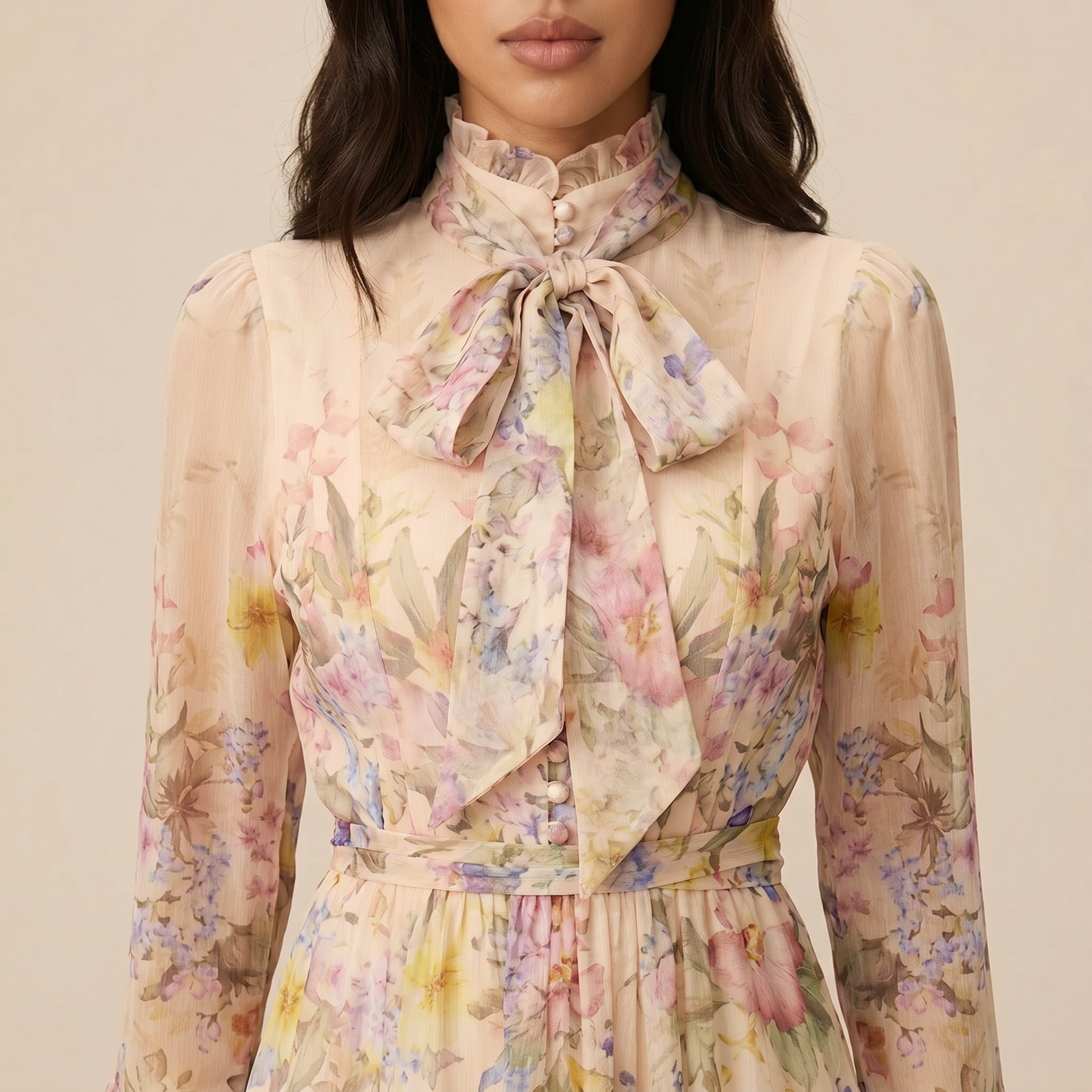 Sunoire alessia floral print ruffle cuff maxi dress detail 01