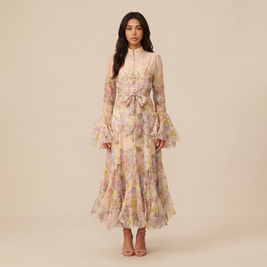 Sunoire alessia floral print ruffle cuff maxi dress front hero 01