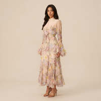 Sunoire alessia floral print ruffle cuff maxi dress three quarter 01