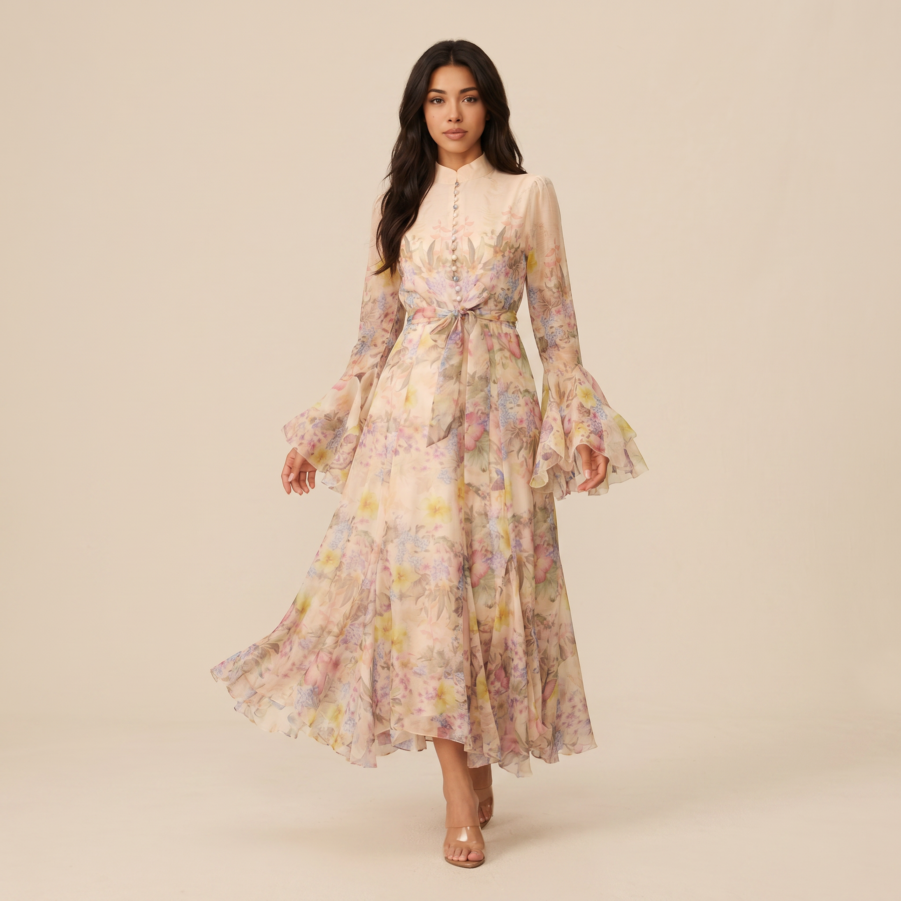 Sunoire alessia floral print ruffle cuff maxi dress walking 01