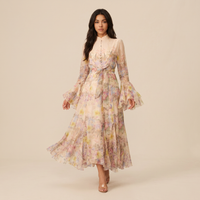Sunoire alessia floral print ruffle cuff maxi dress walking 01