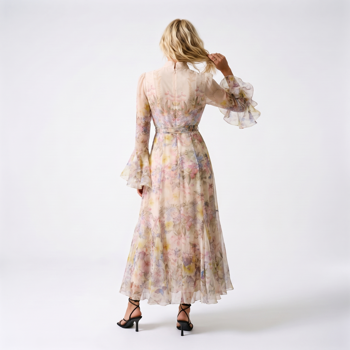 Sunoire alessia floral ruffle cuff maxi dress back view 01