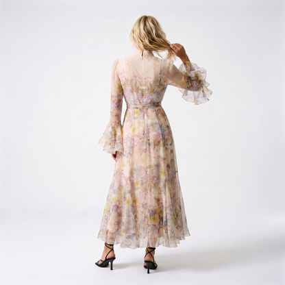 Sunoire alessia floral ruffle cuff maxi dress back view 01