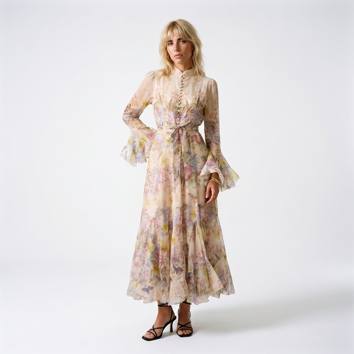 Sunoire alessia floral ruffle cuff maxi dress front hero 01