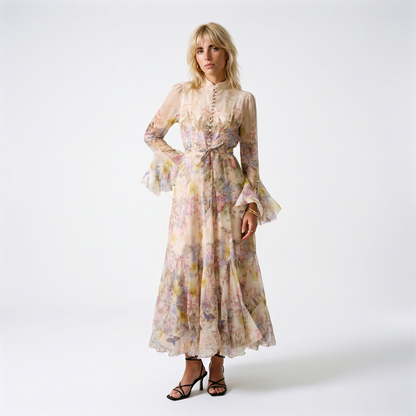 Sunoire alessia floral ruffle cuff maxi dress front hero 01