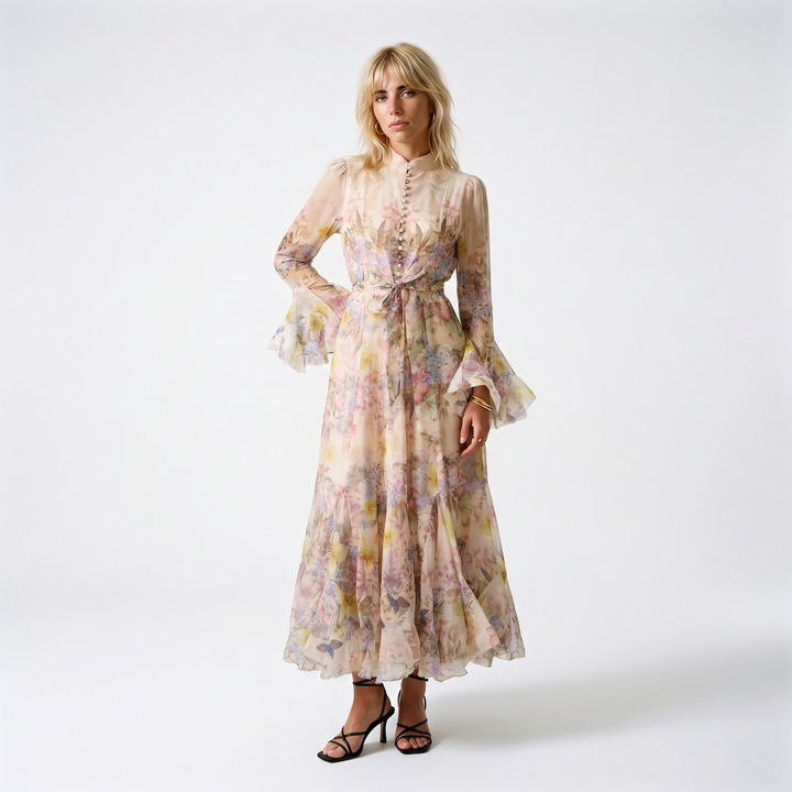 Sunoire alessia floral ruffle cuff maxi dress front hero 01