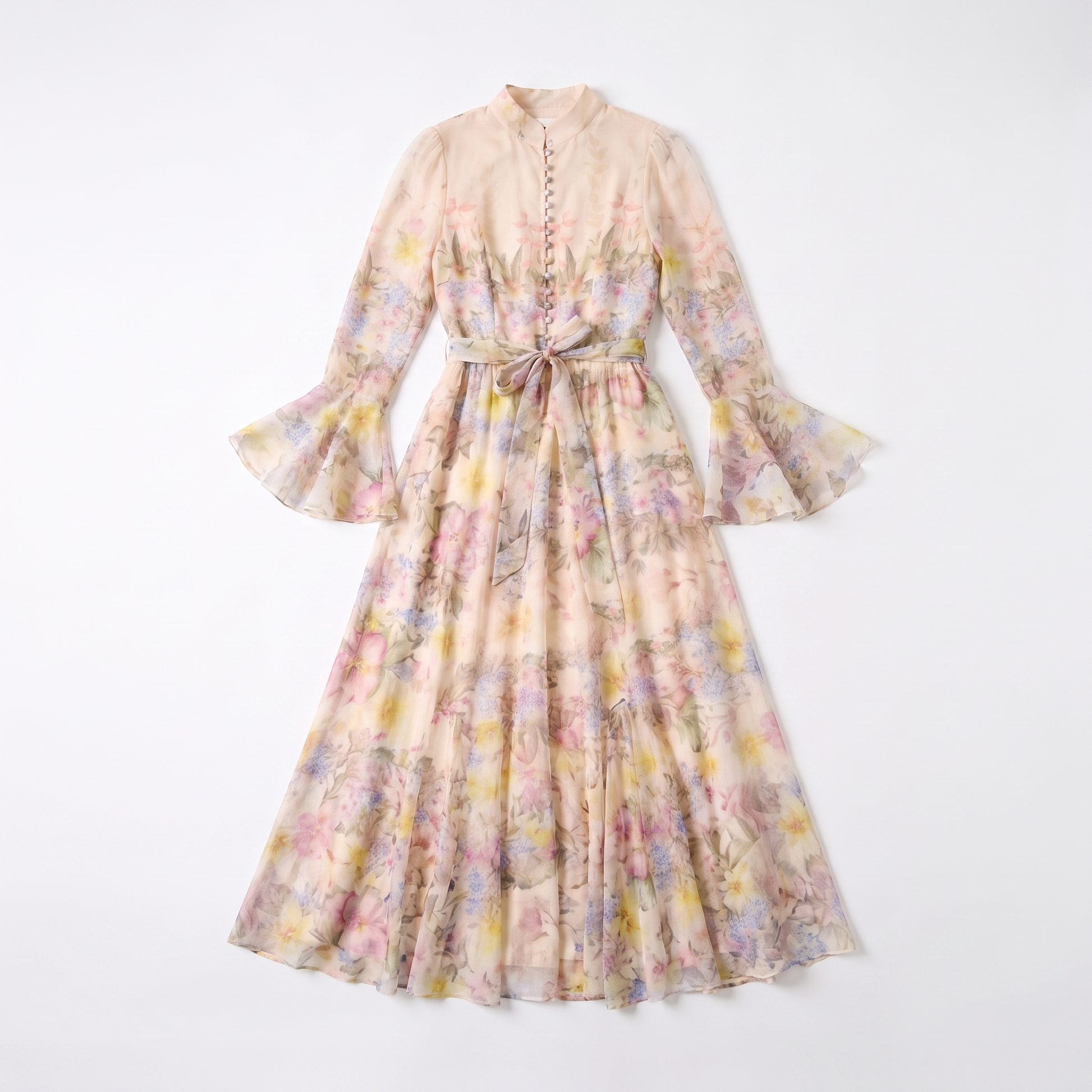 Sunoire alessia floral ruffle cuff maxi dress garment flatlay 01