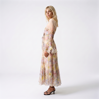 Sunoire alessia floral ruffle cuff maxi dress side view 01