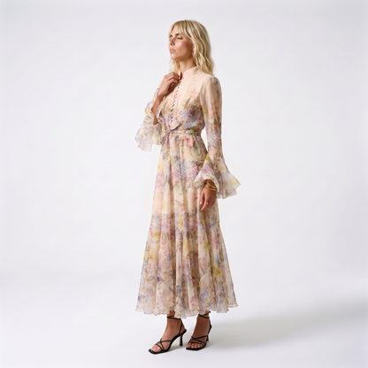 Sunoire alessia floral ruffle cuff maxi dress three quarter 01