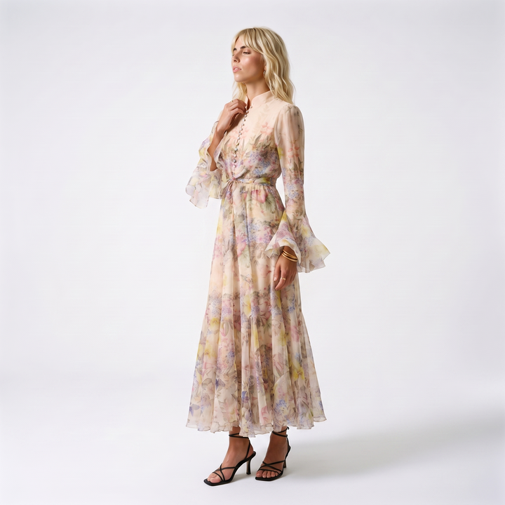 Sunoire alessia floral ruffle cuff maxi dress three quarter 01